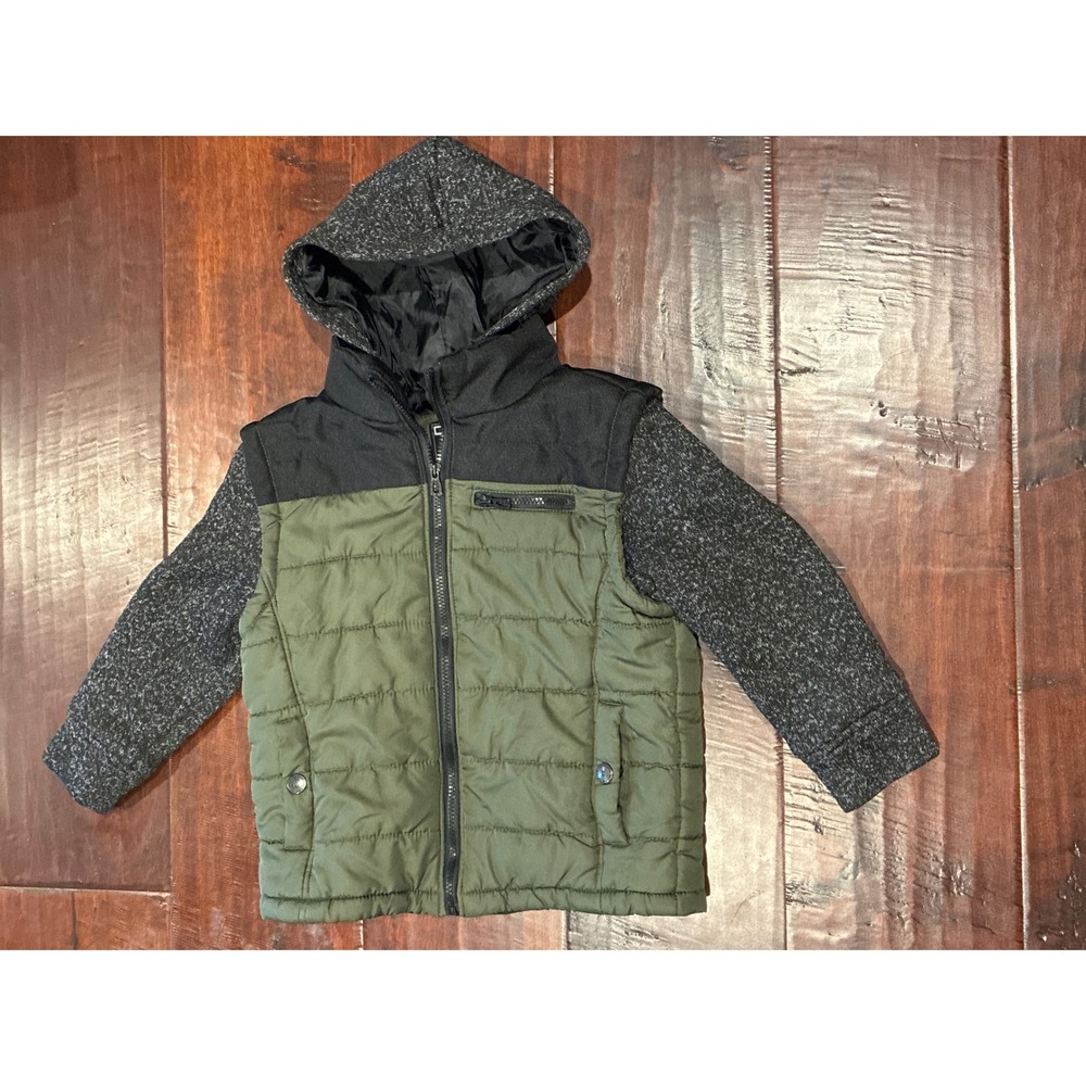 Distortion Hybrid Puffer Jacket Youth 7 Green Charcoal Quilted Hooded BJK6091S